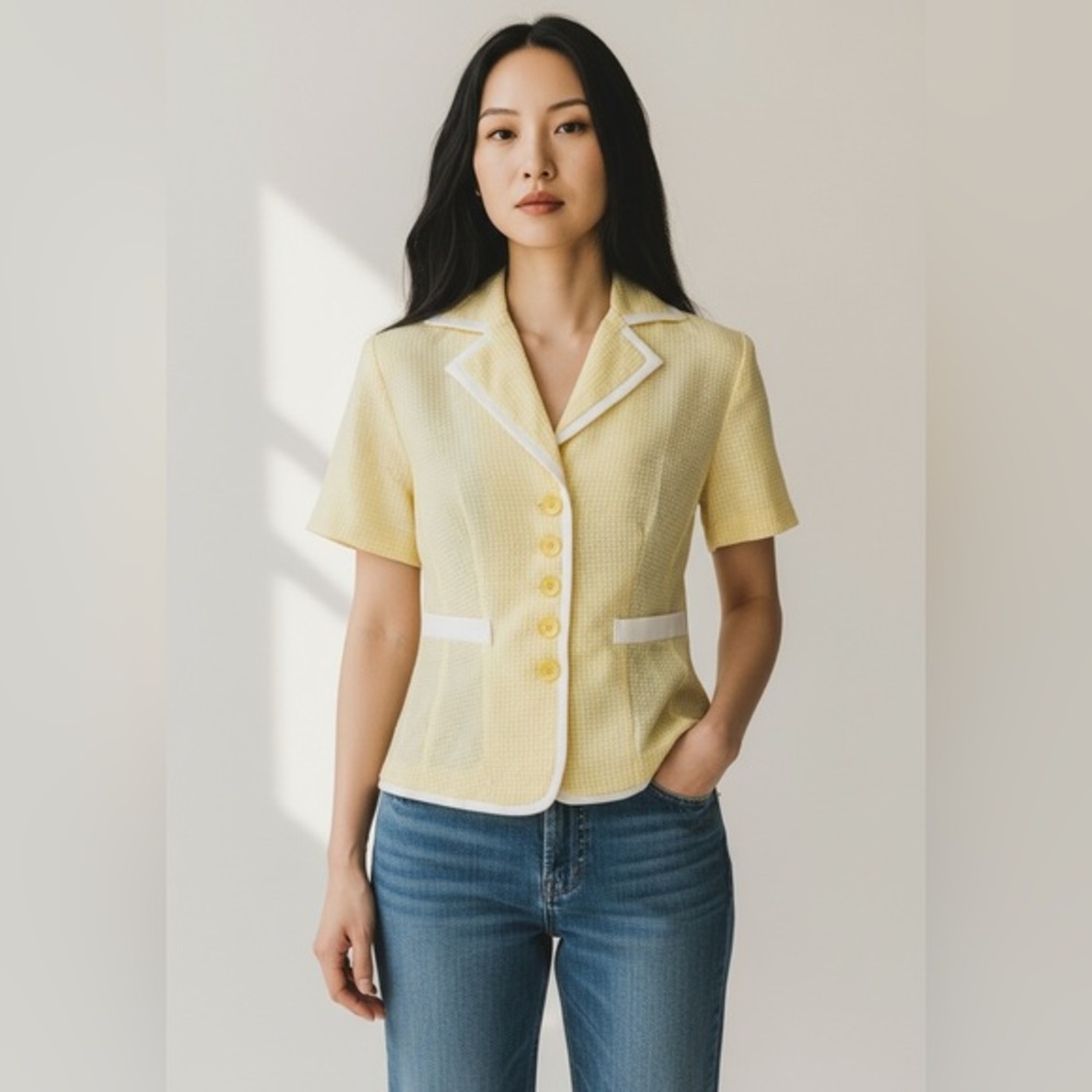 NOS Vintage 80s Yellow Checkered Short Sleeve Blazer/Button Down Top Size 6